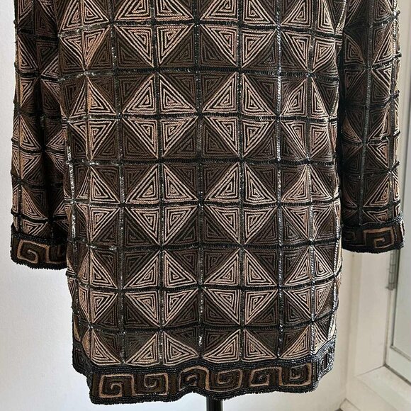 Hand-Beaded Black & Bronze Silk Geometric Jacket w/ Greek Key Borders – US XS/S - Picture 7 of 10